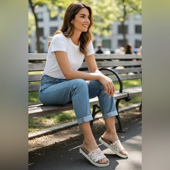 Anthropologie Shoes - Anthropologie Tan and White Leopard Slide Sandals